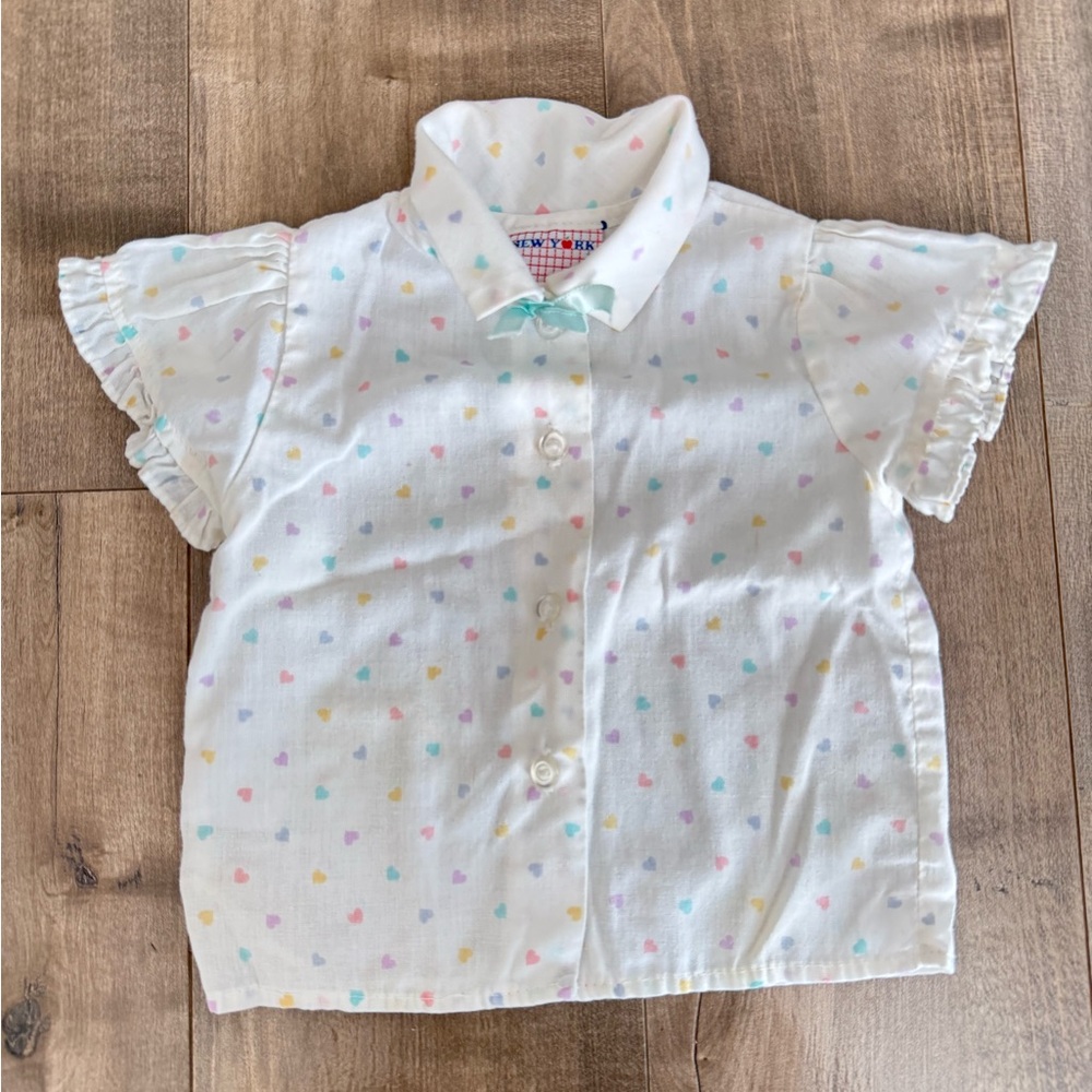Vintage New York Kids White Button Up Shirt‎ Colorful Hearts Ruffles 18 Month